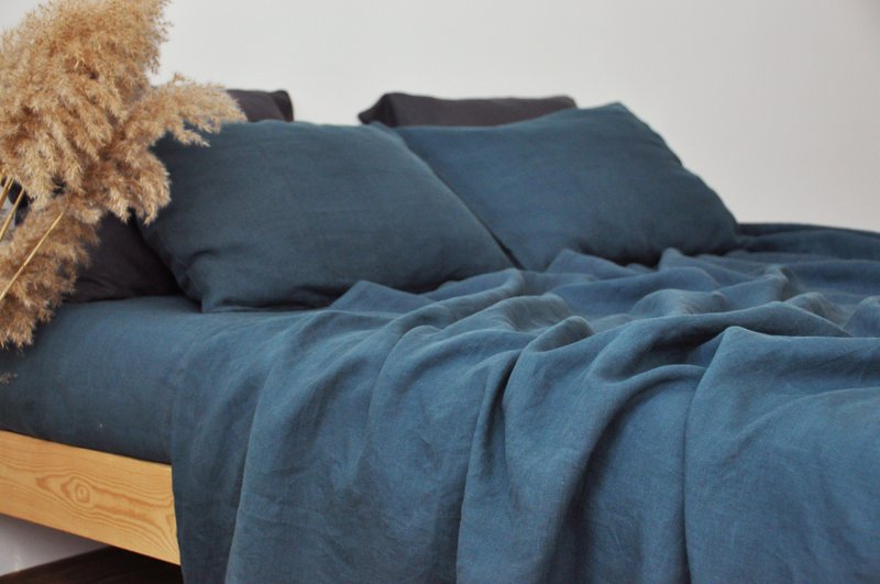 Charcoal teal linen flat sheet / Linen bedsheet/Softened stonewashed linen sheet - 寢具/床包 - 亞麻 藍色