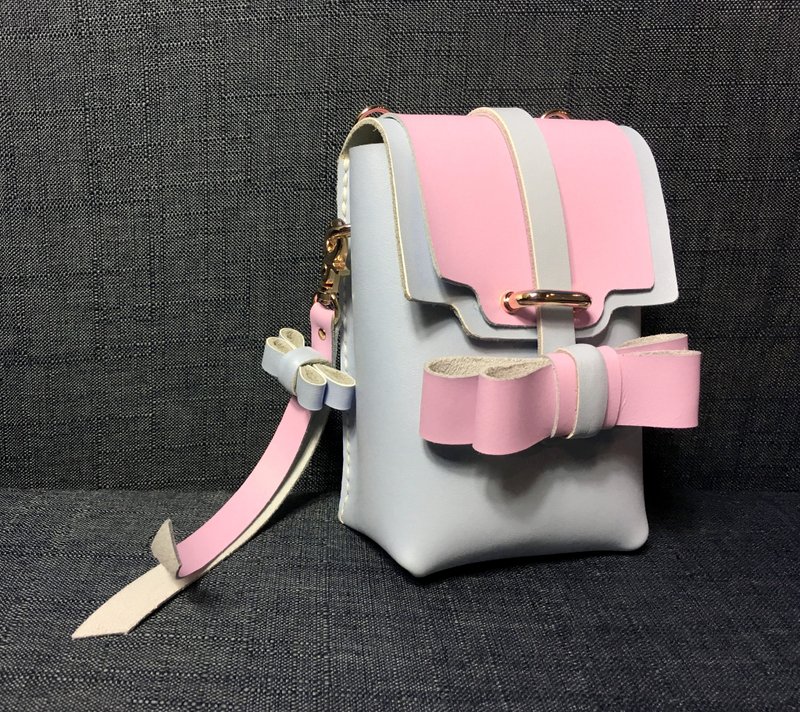 Zemoneni full hand-made leather decorative knot pink line Macaron spell color portable package phone package - Messenger Bags & Sling Bags - Genuine Leather Pink