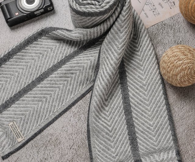 ナロータイプ】カシミヤウールマフラー ライトグレー ヘリンボーン