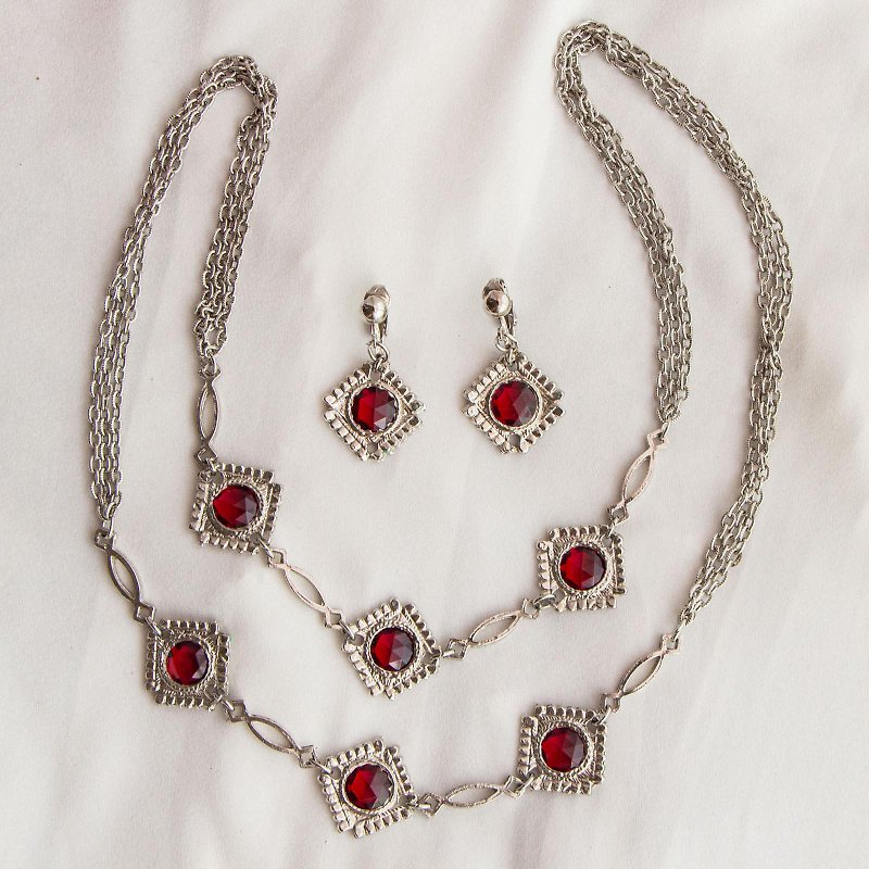 American antique garnet red rose-cut Gemstone minimalist design silver necklace long Clip-On kit - สร้อยคอ - โลหะ สีแดง
