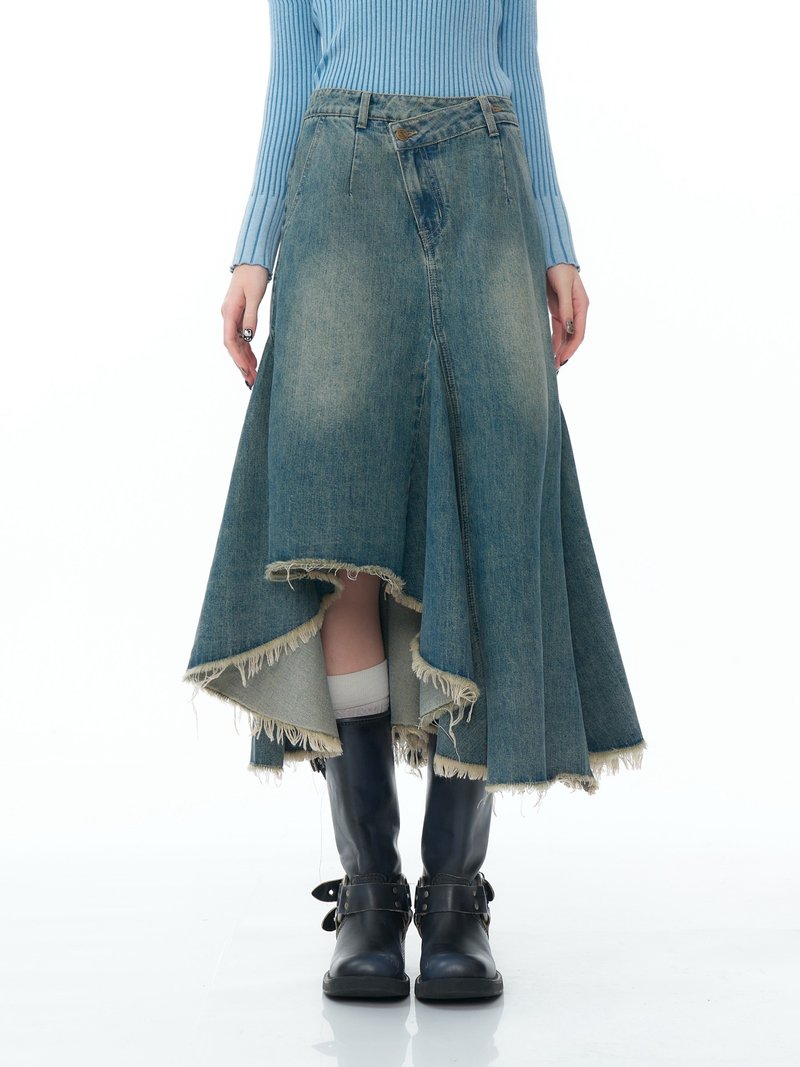 ziziFei American style irregular hem mid-length high waist slim blue denim skirt for women - Skirts - Other Materials Blue