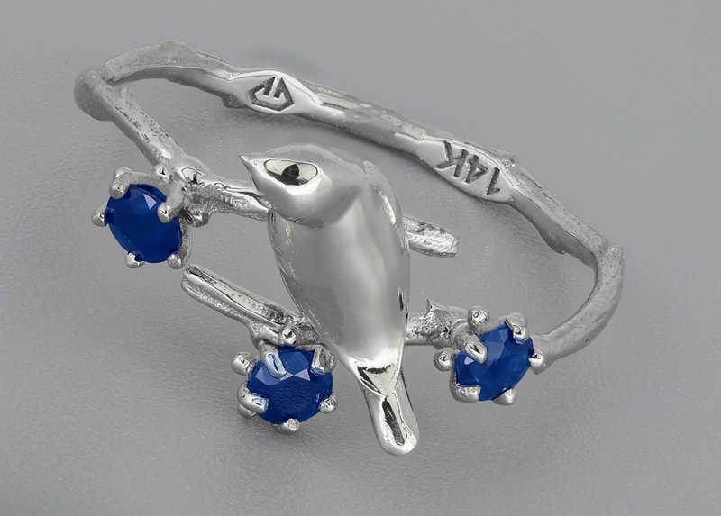 Bird on branch ring with sapphires - 戒指 - 貴金屬 金色