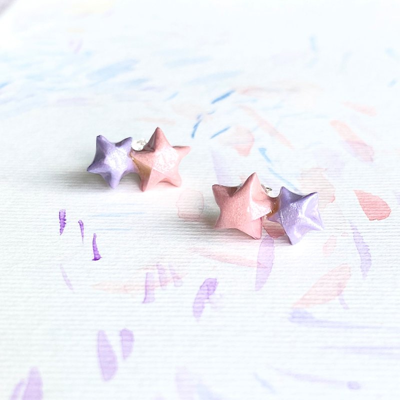 特別版幸運星星Twins Star 925 耳環 (粉紅+粉紫) - 耳環/耳夾 - 純銀 粉紅色
