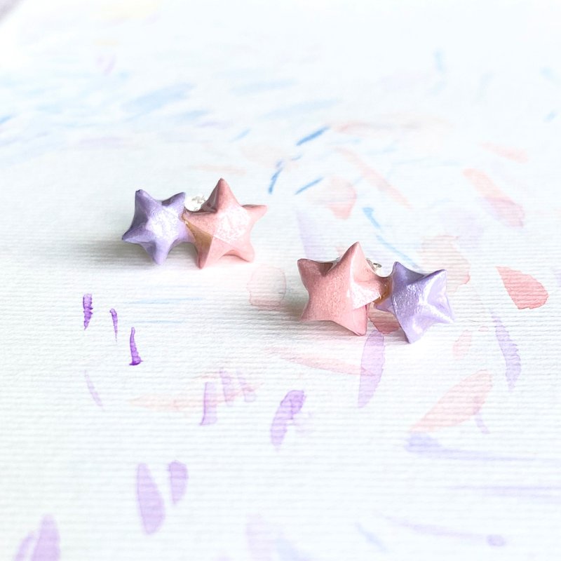 Lucky Twins Star Origami Waterproof Earrings (Pink + Lavender) - Earrings & Clip-ons - Sterling Silver Pink