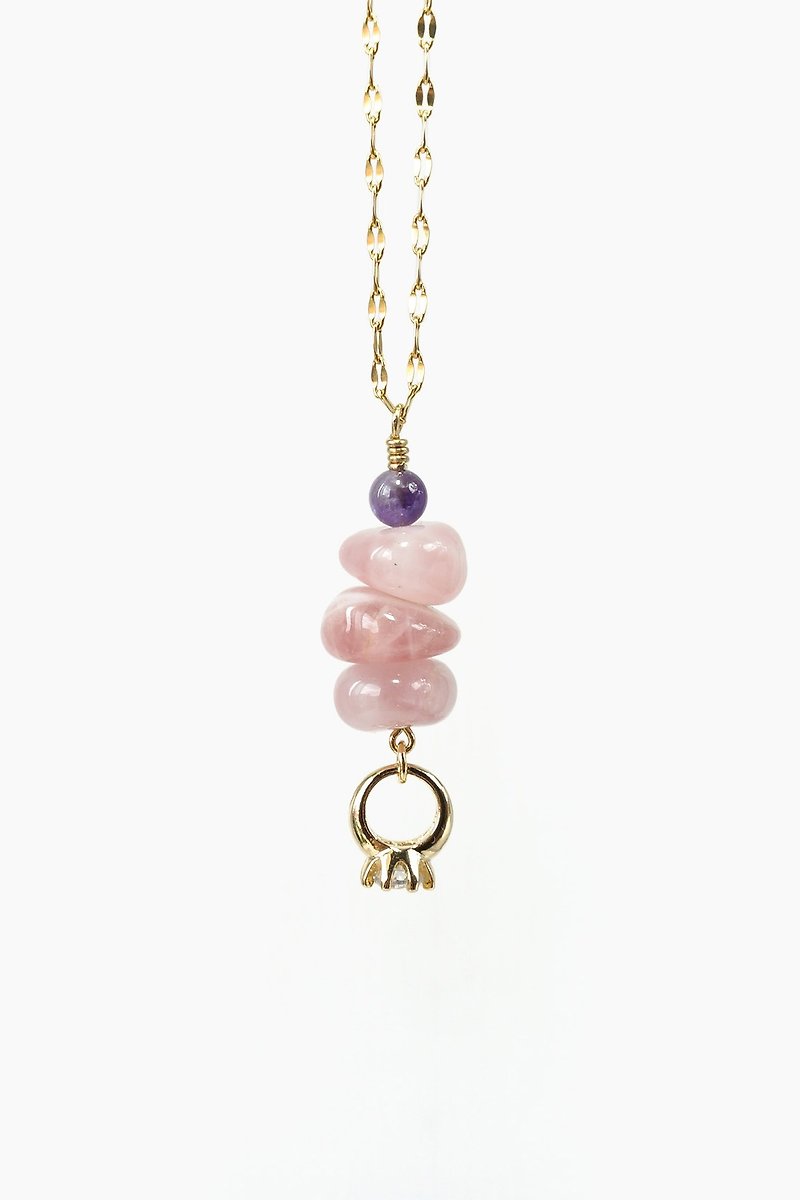 Romantic Valentine Pink Rose Quartz Gemstone Necklace with Propose Ring Charm - สร้อยคอ - คริสตัล สึชมพู