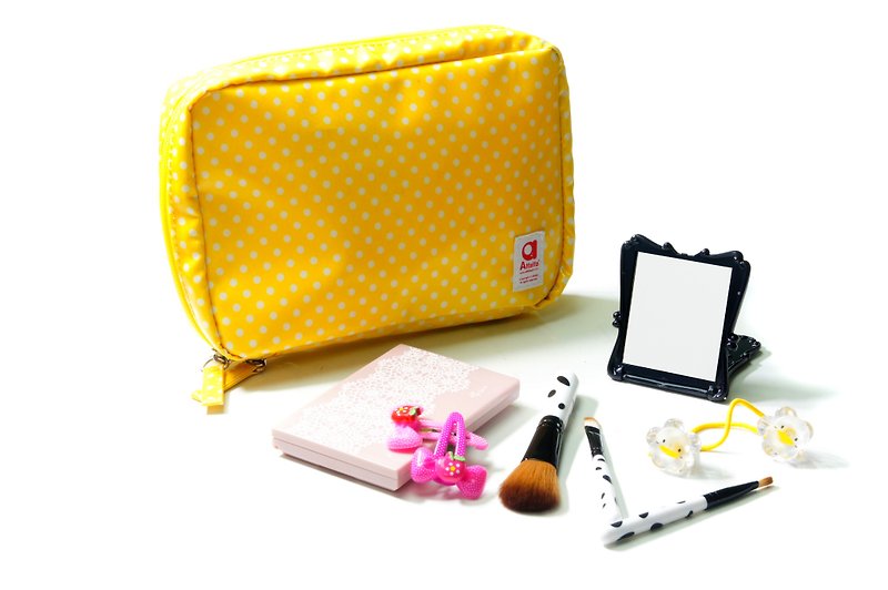 波點旅行化妝品袋與可拆卸小袋 - 黃色 - 化妝袋/收納袋 - 塑膠 黃色
