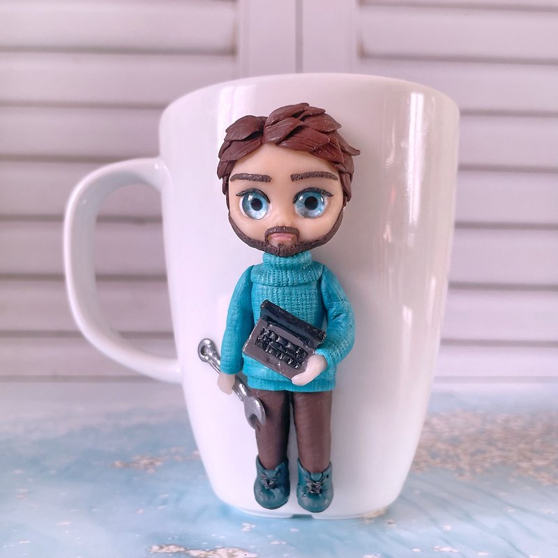 Aka mug with a computer. Gift for a friend, father. Polymer clay figurine. - Pottery & Ceramics - Clay Blue
