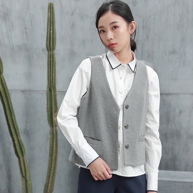 Annie Chen autumn new Slim thin section was thin vest waistcoat Korean students leisure suit vest female short paragraph - เสื้อกั๊กผู้หญิง - ผ้าฝ้าย/ผ้าลินิน สีเทา