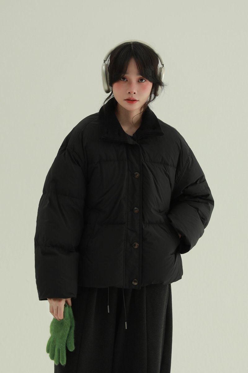 4顏色 暖光 針織領假兩件羽絨服 簡約風立領寬鬆保暖外套 - 女大衣/外套 - 其他人造纖維 黑色