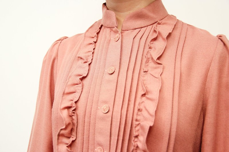 …｛橡子女孩::古著洋裝｝灰粉色歐美風公主袖洋裝 - 連身裙 - 聚酯纖維 粉紅色