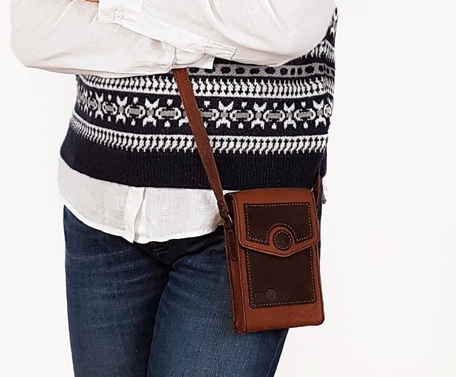 Leather Phone Bag Shoulder Mobile Case Small Brown Crossbody