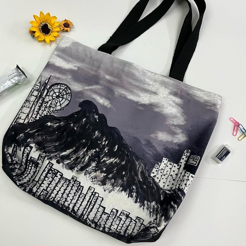 【Tote Bag - 手繪圖畫】獅子山 - 側背包/斜背包 - 棉．麻 