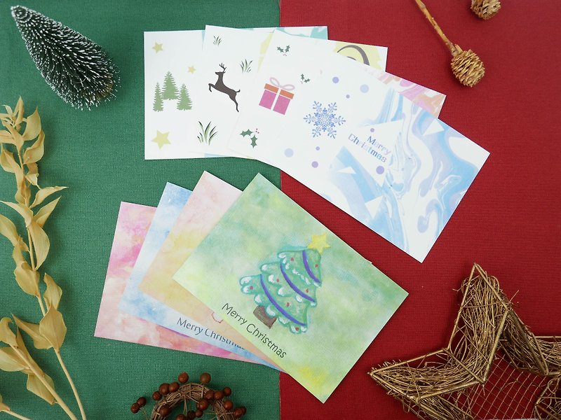 聖誕卡片組合包/8張 贈素色信封 | 水彩+浮水染款 - 心意卡/卡片 - 紙 多色