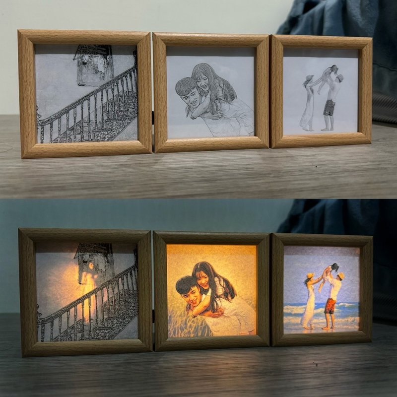 [Customization-Sketch Light Painting] Creative Gift Valentine's Day Gift Photo Frame Night Light - Picture Frames - Wood Brown