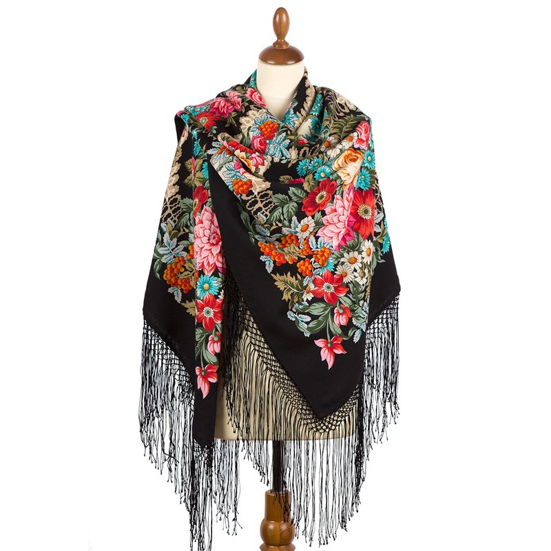 Pavlovo Posad Russian Shawl 100% Wool Scarf 148x148 cm Silk Fringe 385-18 - 絲巾 - 羊毛 黑色