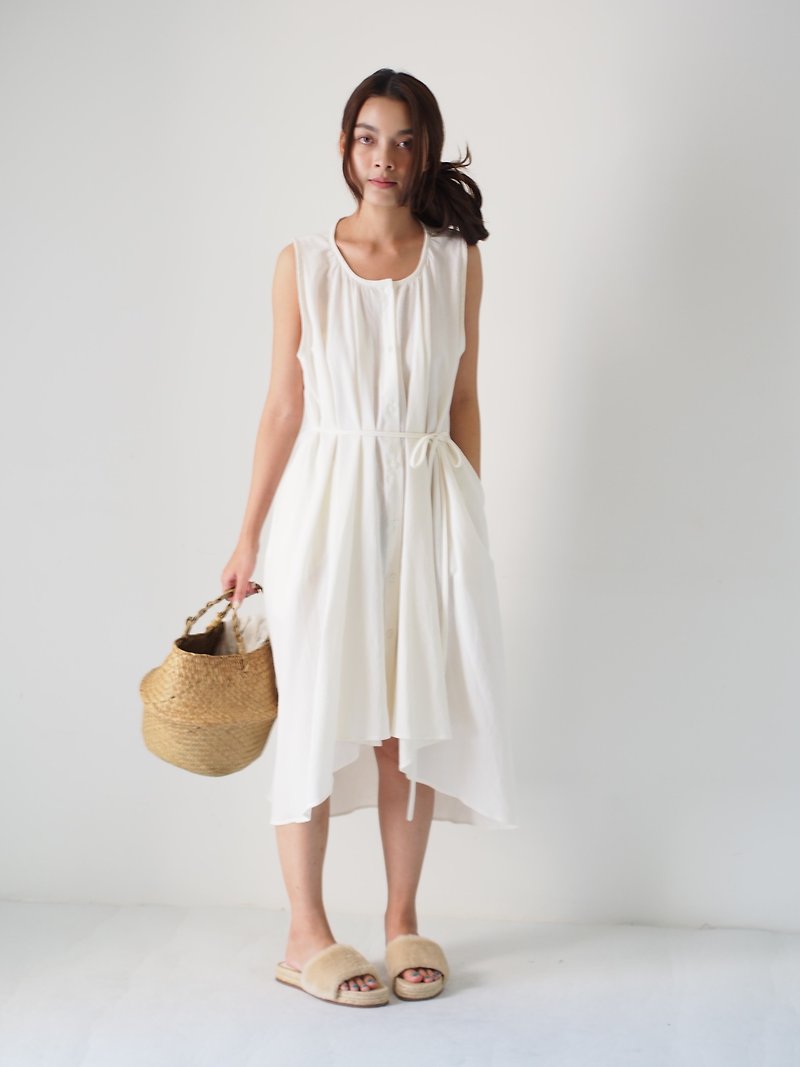 ByTheSea - Chinese Collar A Line Dress - White - One Piece Dresses - Cotton & Hemp White