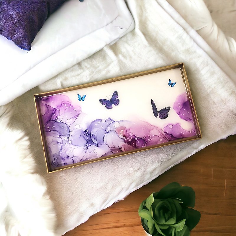 Alcohol Ink Art Gold Brass / Aluminium Tray - Purple Butterflies - Items for Display - Other Metals Purple