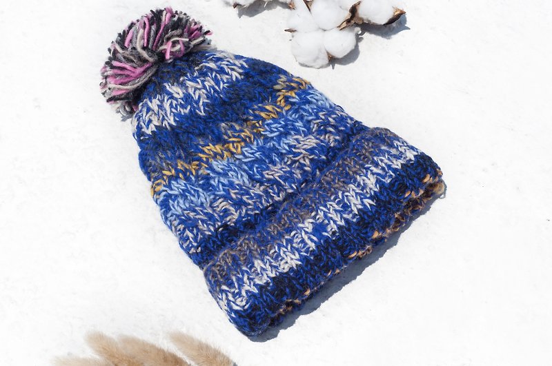 手織りのピュアウールキャップ/ニット帽/ニットキャップ/剛毛の内側手織りのキャップ-宇宙のブルー星 - 帽子 - ウール ブルー