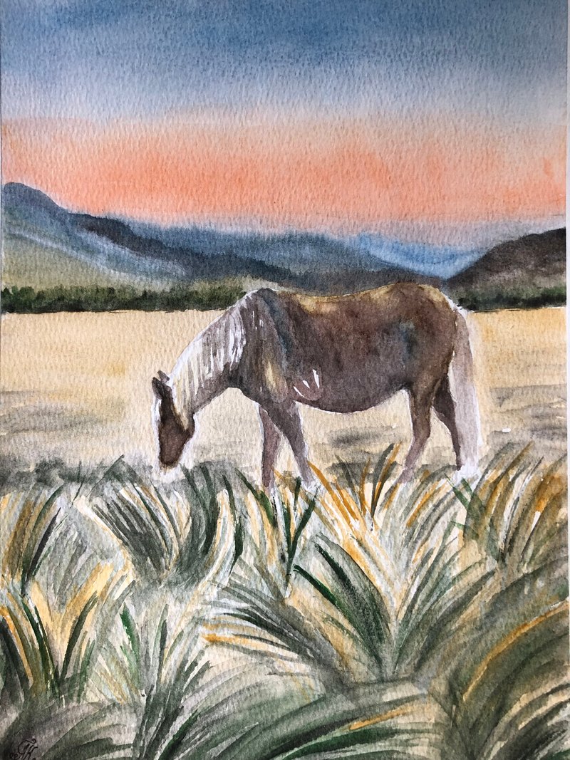 Horse original watercolour painting animal wall art - 壁貼/牆壁裝飾 - 紙 卡其色