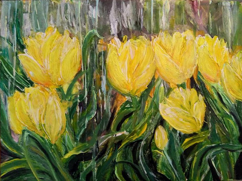 Floral Wall Art Original painting Yellow tulip Spring Landscape Colorful Artwork - Wall Décor - Other Materials Yellow