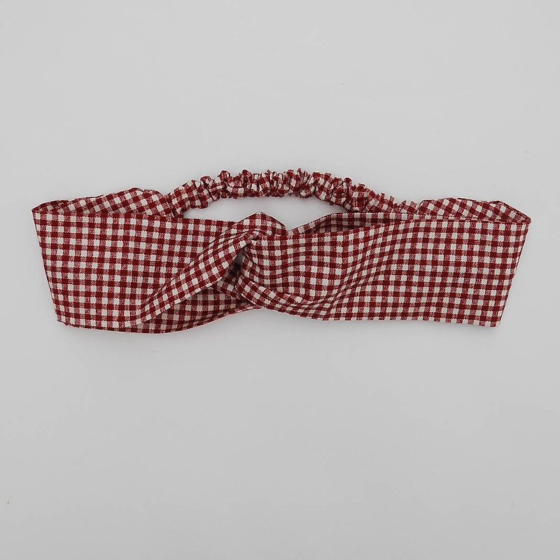 Red vintage check cross hair band - Hair Accessories - Cotton & Hemp Red