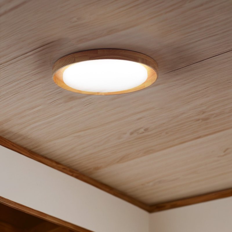 Taisho retro Western style North American oak ceiling lamp hand-made by wood craftsmen color temperature three-stage switching 326LC - โคมไฟ - ไม้ สีกากี