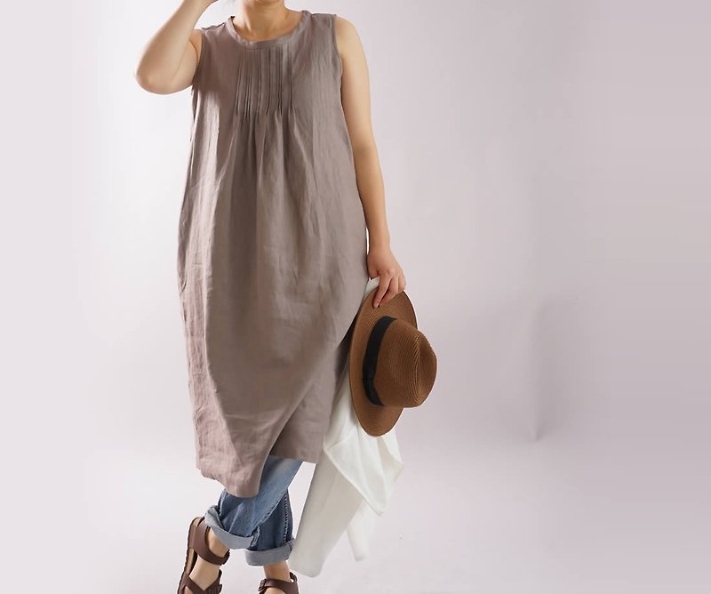 wafu  linen A-line dress / sleeveless / midi length / special tacks / a28-38 - One Piece Dresses - Cotton & Hemp Gray