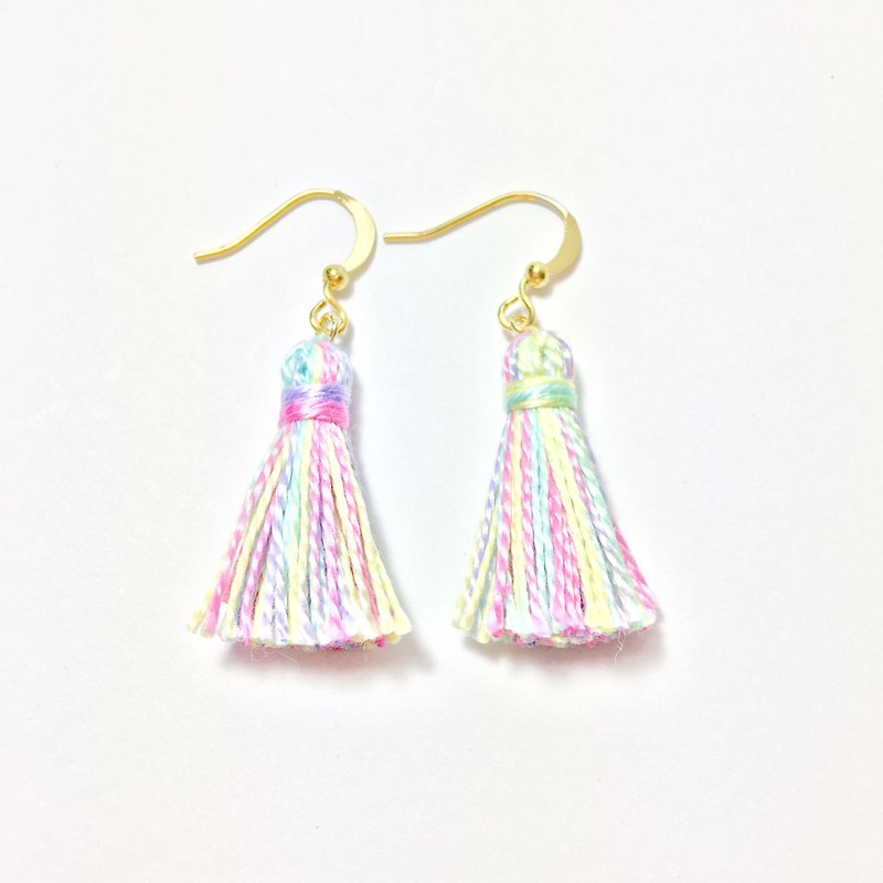 [Series] small fresh hand-woven cotton color tassel earrings / yellow-green color purple NOTE 14k gold earrings customized (optional clip-on / pin) - Earrings & Clip-ons - Cotton & Hemp Multicolor