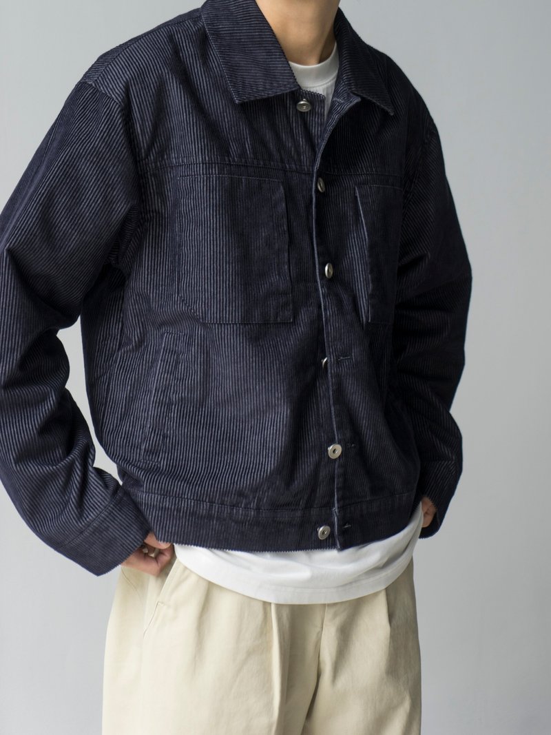 Jacket 重磅燈芯絨外套 日系復古寬鬆短cut剪裁多袋工裝夾克 - 男夾克/外套 - 棉．麻 藍色