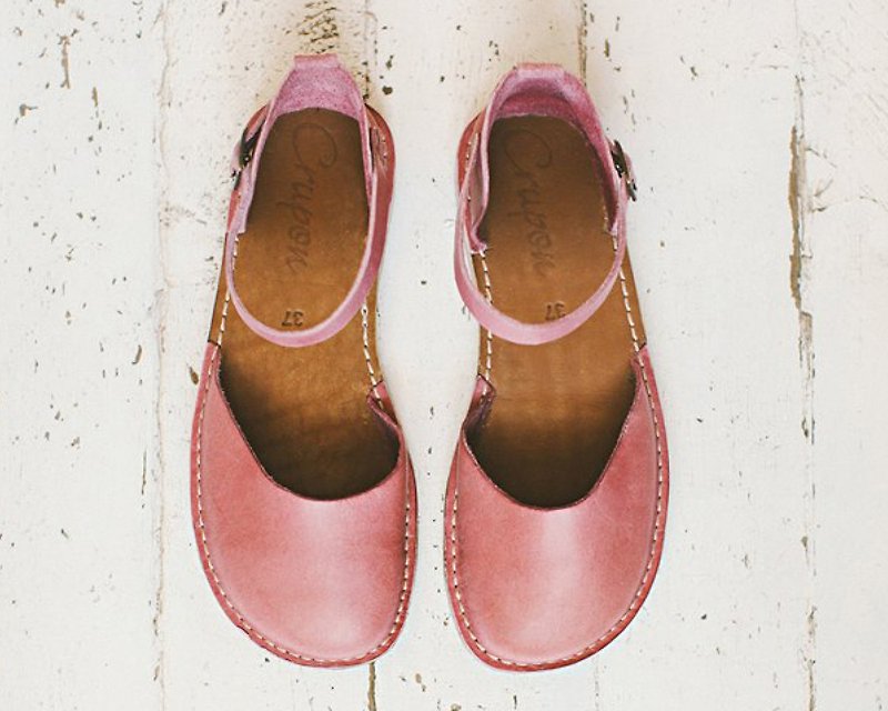 裸足の靴の革、ピンクの革の靴、夏のフラット、カジュアルシューズ - スリッポン - 革 ピンク