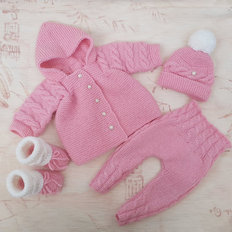 ピンクの新生児の女の子セット、赤ちゃんの冬の服、家に帰る服、新生児のセーター - トップス・Tシャツ - ウール ピンク