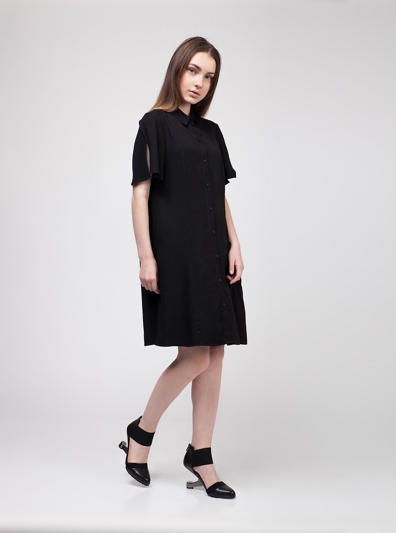 Viscose Black Side Pocket Shirt Dress - ชุดเดรส - วัสดุอื่นๆ สีดำ