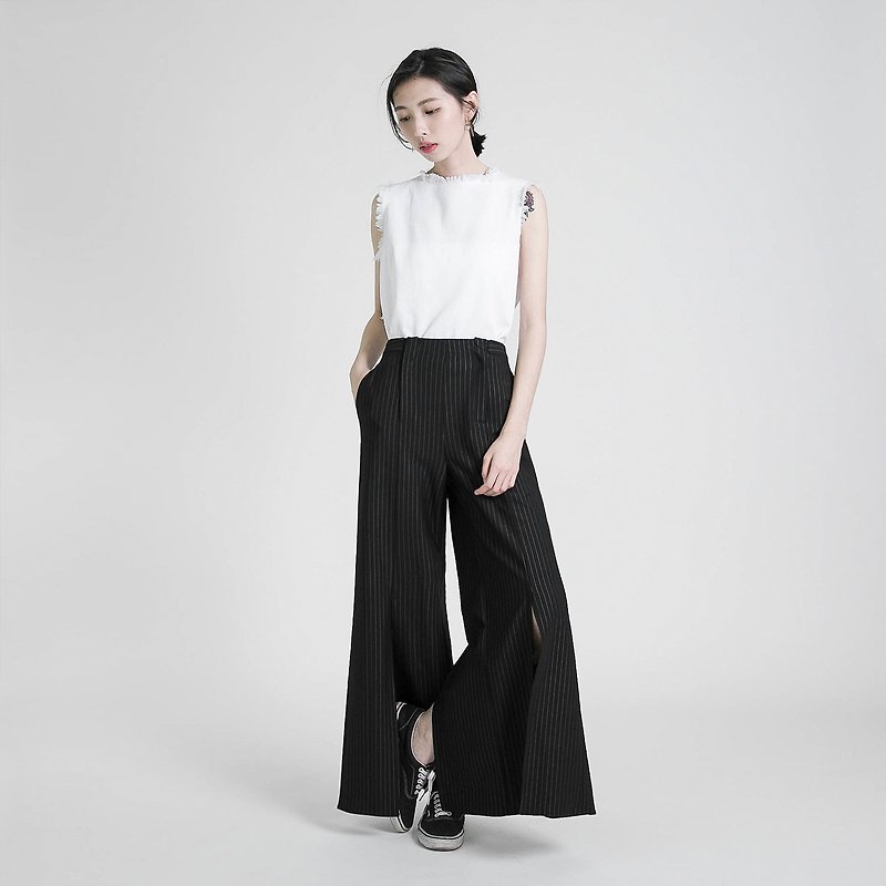 Extend wide open pants _8SF202_ black stripes - กางเกงขายาว - ผ้าฝ้าย/ผ้าลินิน สีดำ