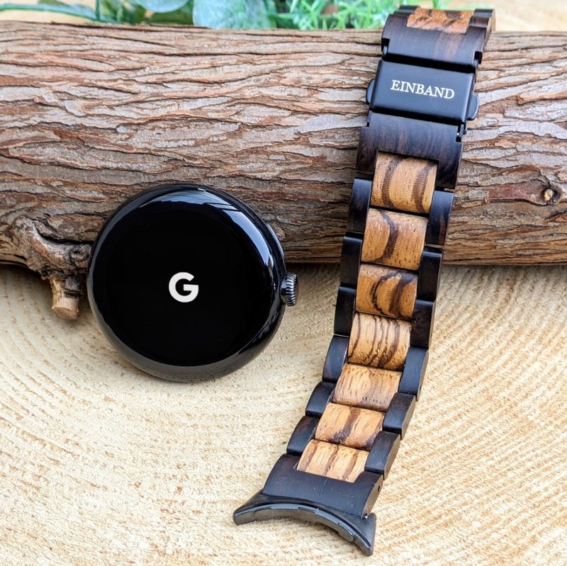 【Wooden Band】EINBAND Google Pixel Watch Natural Wood Band【Ebony Wood x Zebra Wood】 - นาฬิกาผู้หญิง - ไม้ สีนำ้ตาล
