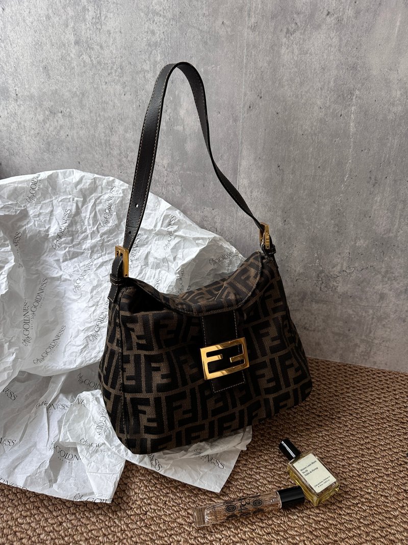 中古包 Fendi 芬迪 金扣雙翻蓋小薯條 - 手提包/手提袋 - 棉．麻 咖啡色