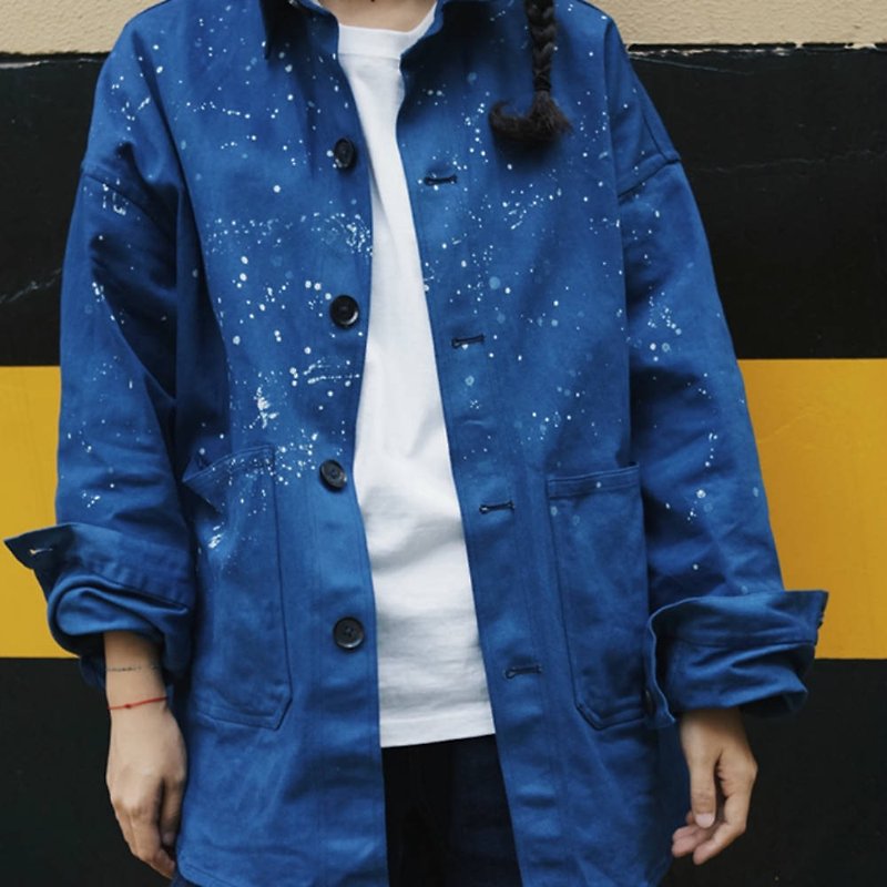 Blue starry sky red ear twill thick cotton tooling jacket plant batik neutral men and women loose the same style - Women's Casual & Functional Jackets - Cotton & Hemp Blue