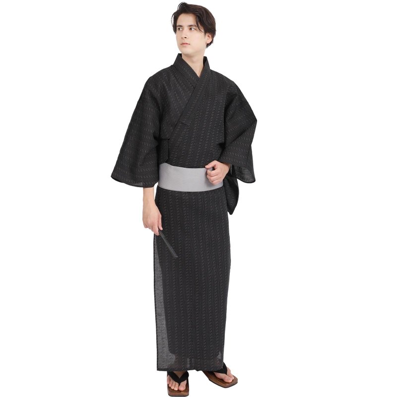 日本 和服 男 綿麻 浴衣 腰封 2 件 套組 S-LL WN02 - 其他 - 棉．麻 黑色
