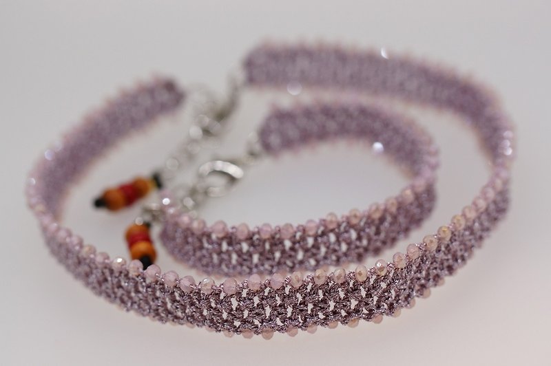手鈎金属線短頸錬+手鍊套裝  ( Hand crocheted set of crystal beads choker + beads bracelet ) - 項鍊 - 寶石 粉紅色