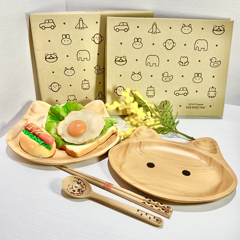 貓木碟筷子勺子Set - 盤子/餐盤 - 木頭 咖啡色