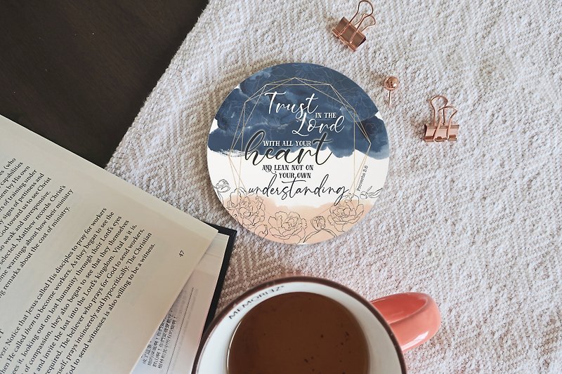 Peach and Navy Blue Christian Coaster with Bible Verse Proverbs 3:5 | Watercolor - ที่รองแก้ว - ดินเผา สึชมพู