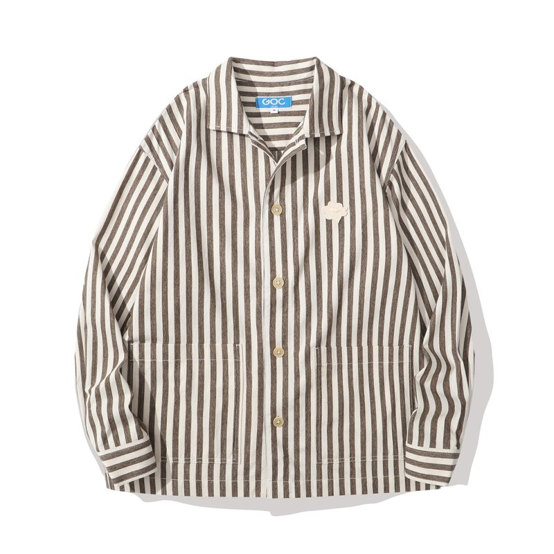 GOC Studio Japanese chocolate striped cotton long-sleeved shirt - เสื้อเชิ้ตผู้ชาย - ผ้าฝ้าย/ผ้าลินิน สีนำ้ตาล