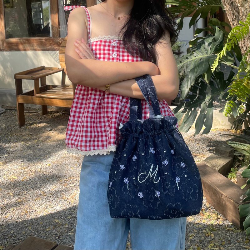 Drawstring blue jean bag - 手提包/手提袋 - 繡線 藍色