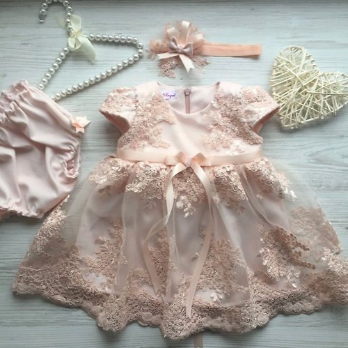 V.I.Angel Light peach lace dress with pearls and ribbon, headband and panties for baby.