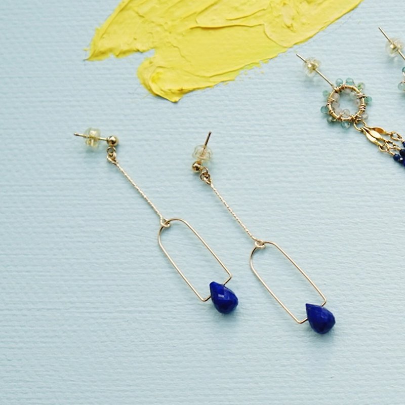American-made 14K gold-filled natural lapis lazuli hand-made long earrings #克lem蓝的夏# - ต่างหู - โลหะ สีน้ำเงิน
