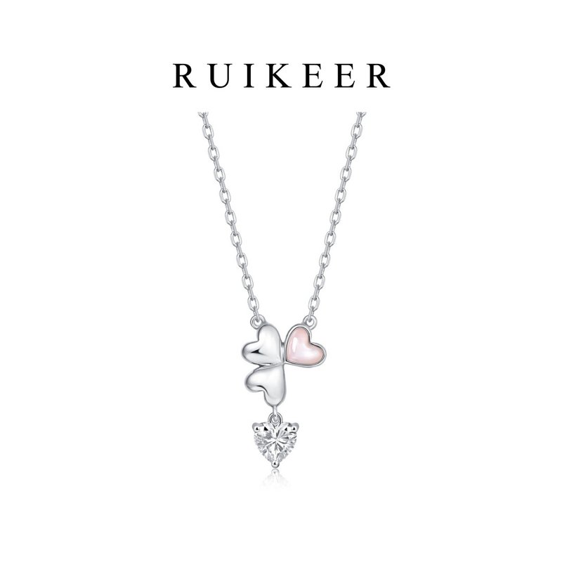 925純銀鍍白金天然粉貝母四葉草愛心項鍊 - 項鍊 - 純銀 粉紅色