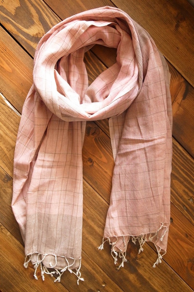 公平貿易 手織 有機棉 植物染 披肩 圍巾 格紋_淡粉紅+淺褐線條 - 圍巾/披肩 - 棉．麻 粉紅色
