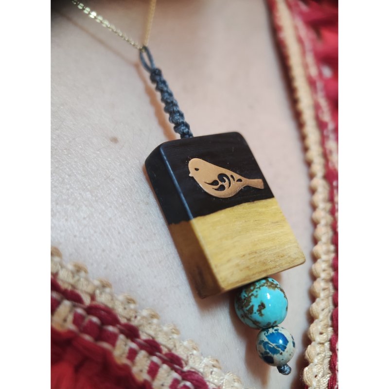 Wooden pendant. with 18k gold and neyshabour and african turquoise stone - สร้อยคอ - ไม้ 