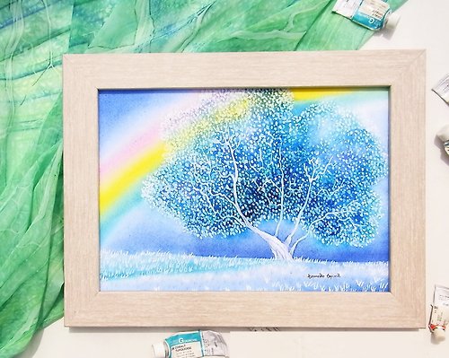 tomokotejima 【rainbow colored tree】水彩画アートプリント ポスター おしゃれインテリア リビング 壁掛け 青空 雨上がり 北海道の風景