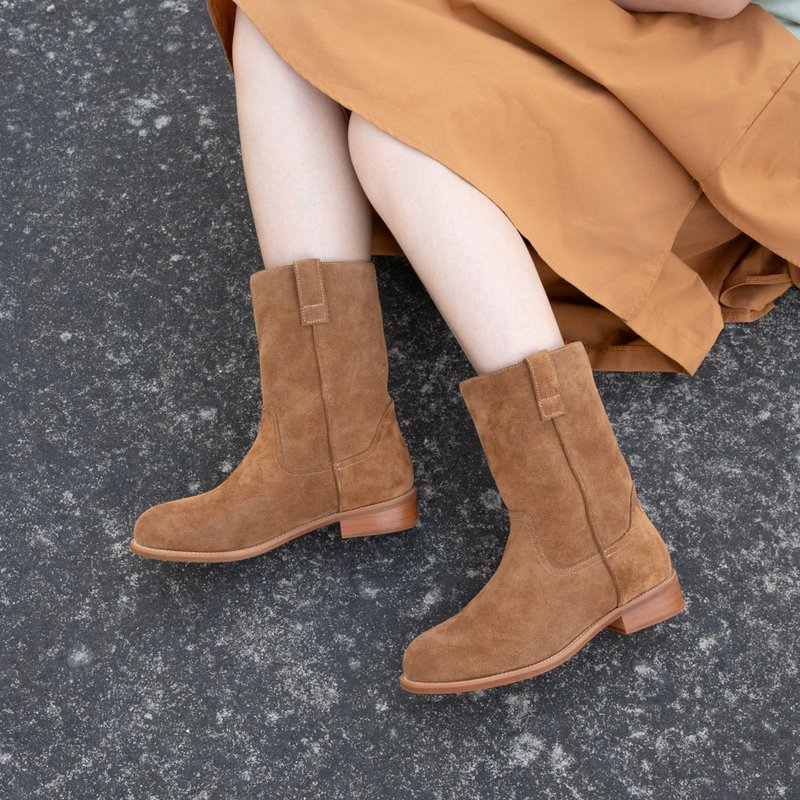 Vintage round toe rider boots pull-on cowboy boots - รองเท้าบูทสั้นผู้หญิง - หนังแท้ สีดำ