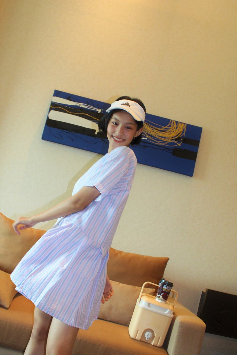 Highestjump flora dress (stripe babyblue-pink) - 洋裝/連身裙 - 棉．麻 藍色